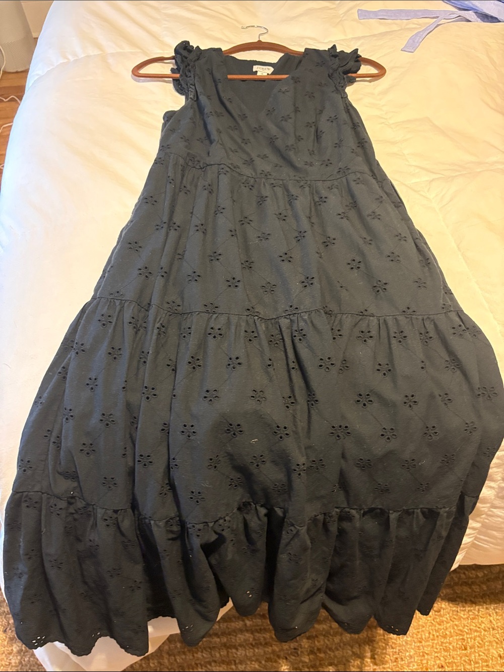 J. Crew Navy Eyelet Tiered Midi Dress with Ruffle Straps